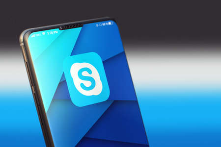 KYIV, UKRAINE-JUNE, 2020: Skype Mobile Application on the Smart Phone Screen. CloseUp Studio Shot of Smartphone with Skype Application.のeditorial素材