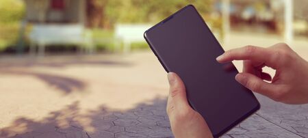 Hipster Girl Texting Message on Smartphone Mobile Close Up View. Tourist Hands Using Gadget, Phone...