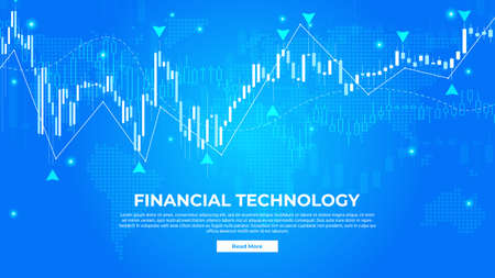 Financial Technology - Fintech Webpage Banner Concept. Stock Market Vector Banner on Blue Background. Landing Page Banner Template for Stock Exchange Markets.のイラスト素材