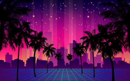 80s Futuristic Retro Future. Retro Futuristic Background 1980s Style with Palm Tree Silhouette. Road to the City at Sunset 1980s Style. Digital Retro Cityscape Fashion Sci-Fi Summer Landscape.のイラスト素材