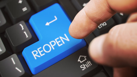 Close Up view of Male Hand Touching Blue REOPEN Computer Key. 3D Illustration.の写真素材
