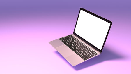Mockup of Modern Laptop with Blank Screen on Purple Background. 3D Render illustration for Your Design.の写真素材