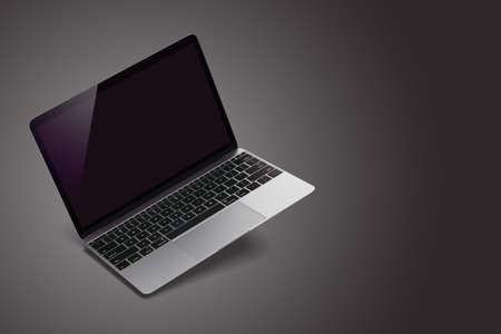 Mockup of Modern Laptop with Black Screen on Dark Background. 3D Render illustration for Your Design.の写真素材