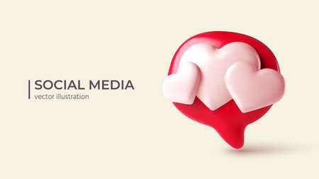 Social Media Notifications icon with Red Hearts. Glossy Red Speech Bubble with White Heart. Realistic 3d design. Vector illustrationのイラスト素材