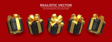 Set of Realistic 3d black gift box with golden ribbons isolated on a red background 3d render flying modern holiday surprise box. Festive decorative 3d render object Realistic vector celebration decorのイラスト素材