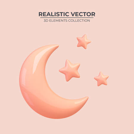 Abstract moon or crescent with stars. Glossy 3d crescent with bright stars. Moon or crescent. Space futuristic creative design. Vector illustrationのイラスト素材
