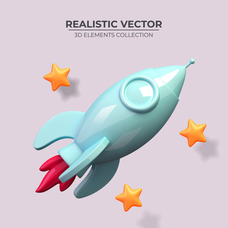 Flying blue space rocket in space with stars. Spaceship launch business product on market concept. Rocket 3d icon. Realistic creative conceptual symbol of startup. Vector illustrationのイラスト素材