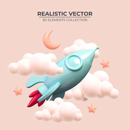 Rocket ship in space around the crescent and stars. Realistic 3d rocket. Vector illustration with flying shuttle. Space travel. Space rocket. Launch new project start up concept. Vector illustrationのイラスト素材