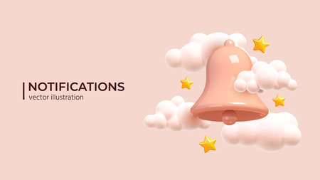 Notification message bell icon alert and alarm icon. Bell notification Icon with gently pink clouds and stars in trandy colors. Realistic 3d object. 3d vector illustration.のイラスト素材