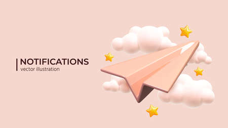 Paper plane in pink sky. Realistic 3d design. Concept Online social network. Business communication applications. Marketing concept. Vector illustrationのイラスト素材