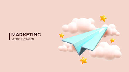Blue paper plane in pink sky. Realistic 3d design. Concept Online social network. Business communication applications. Marketing concept. Vector illustrationのイラスト素材