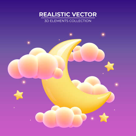 Shined crescent with stars and clouds on night sky. Glossy 3d crescent with bright stars. Moon or crescent. Space futuristic creative design. Vector illustrationのイラスト素材