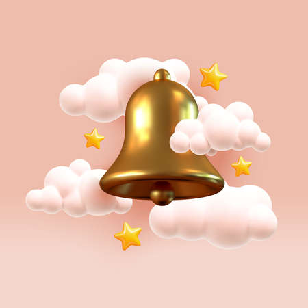Notification message golden bell icon alert and alarm icon. Gold Bell notification Icon with gently pink clouds and stars. Realistic 3d object. 3d vector illustration.のイラスト素材