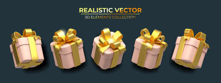 Set of Realistic 3d pink gift box with golden ribbons isolated on a bark background 3d render flying modern holiday surprise box. Festive decorative 3d render object Realistic vector celebration decorのイラスト素材