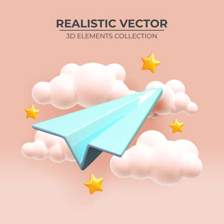 3d render of flying paper airplane in pink sky. Realistic 3d design. Concept Online social network. Business communication applications. Marketing concept. Vector illustrationのイラスト素材