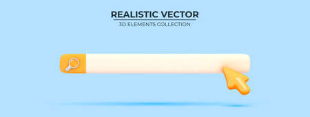 Search bar design element on blue background. Navigation search for browser. Realistic 3d arrow, cursor. Trendy yellow and blue colors. Design in cartoon style. Vector illustrationのイラスト素材