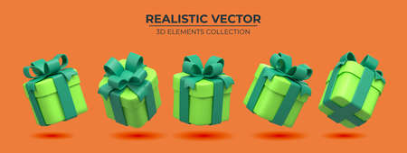 Set of Realistic green gifts boxes isolated on a orange background. 3d illustration of five springly green gift boxes with bows and ribbons, Festive decorative 3d render object Realistic vector decorのイラスト素材