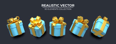 Set of Realistic 3d blue gift box with golden ribbons isolated on a dark background 3d render flying modern holiday surprise box. Festive decorative 3d render object Realistic vector decorのイラスト素材