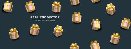 Seamless pattern of trendy color cartoon gift boxes on dark backdrop. Elegant background with gift boxes for Wrapping paper. Festive backdrop with gift boxes. Exquisite 3d objects. Realistic vectorのイラスト素材