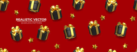Seamless pattern of black gift boxes and stars on luxury Red backdrop. Elegant background with gift boxes for Wrapping paper. Festive backdrop with gift boxes. Exquisite 3d objects. Realistic vectorのイラスト素材