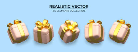 Set of Realistic 3d gift box with golden ribbons isolated on a blue background 3d render flying modern holiday surprise box. Festive decorative 3d render object Realistic vector decorのイラスト素材