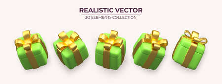 Set of Realistic 3d gift box with golden ribbons isolated on a light background 3d render flying modern holiday surprise box. Festive decorative 3d render object Realistic vector decorのイラスト素材
