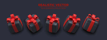 Set of Realistic 3d gift box with golden ribbons isolated on a dark background 3d render flying modern holiday surprise box. Festive decorative 3d render object Realistic vector decorのイラスト素材