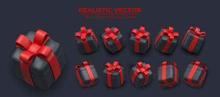 Set of Realistic Black 3d gift box with red ribbons isolated on a dark background 3d render flying modern holiday surprise box. Festive decorative 3d render object Realistic vector decorのイラスト素材