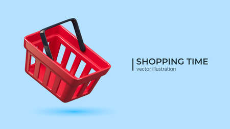 3D glossy flying realistic shopping cart in red color isolated on white background. Empty shopping basket. For mobile applications. Vector illustrationのイラスト素材