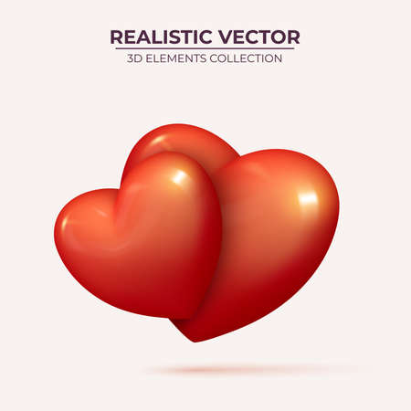 Two Realistic 3d red hearts. design icon of the heart - love symbol. Realistic pair of red hearts for romantic design.のイラスト素材