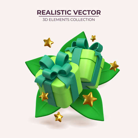Realistic green gifts box with leaves and golden stars. Green gift box with decorative festive objects. Holiday banner web poster flyer stylish brochure, greeting card, cover. Spring vector backgroundのイラスト素材
