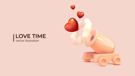 Love canon with red heart. Love cartoon explosion. Falling in love. Love firework. Realistic 3d pink canon with red heart. Realistic Elements for romantic design. Abstract cartoon design.のイラスト素材