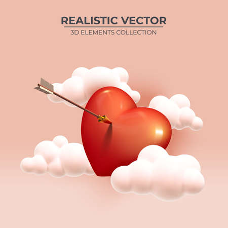 Red heart pierced by the love arrow and clouds. Realistic 3d design icon of the heart - love symbol. Realistic Elements for romantic design. Abstract cartoon design. Vector illustrationのイラスト素材