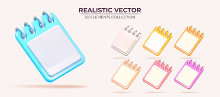 Set of Note books in different colors. 3D icon isolated on white. Remind or checklist and education concept. Realistic Elements for your design. Vector illustrationのイラスト素材