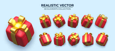 Set of Realistic red gifts boxes isolated on a blue background. 3d illustration of springly red gift boxes with golden bows and ribbons, Decorative 3d render object Realistic vector decorのイラスト素材