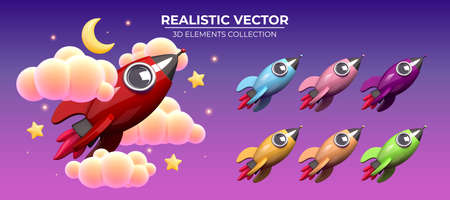 A set of multi-colored rockets flying in the night sky. Realistic rocket surrounded by beautiful clouds and stars. Decorative elements in render style for web design. Realistic vector objectsのイラスト素材