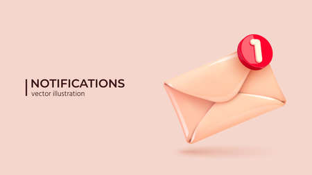 Nude color paper envelope Icon with red new message web chat. Creative concept composition. Realistic 3d design congratulations mail, falling envelope. Abstract cartoon design. Vector illustrationのイラスト素材