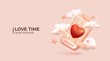 Cute Smartphone with speech bubbles Icons and red heart - Virtual Love Concept. Realistic 3d design of romantic correspondence. Holiday background. Vector illustrationのイラスト素材