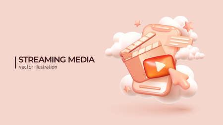 3d vector Streaming service concept. Streaming Media in Cute Cartoon style - 3D Realistic icons in trendy color. Mobile Template Social network. Vector illustrationのイラスト素材