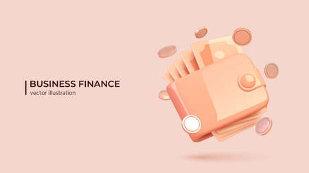 3D render of pink wallet with paper money and coins around it. Wallet with money dollar bank note - realistic vector illustration in cartoon minimal style. Online payment concept.のイラスト素材