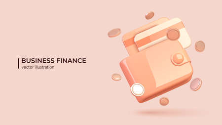 3D render of pink wallet with cards and coins around it. Wallet with money dollar bank note - realistic vector illustration in cartoon minimal style. Online payment concept.のイラスト素材