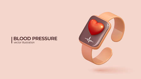 Blood pressure concept. 3D render of pink wireless smart watch with red heart. Arterial pressure measuring or checking apps. Vector realistic illustration in cartoon minimal style.のイラスト素材