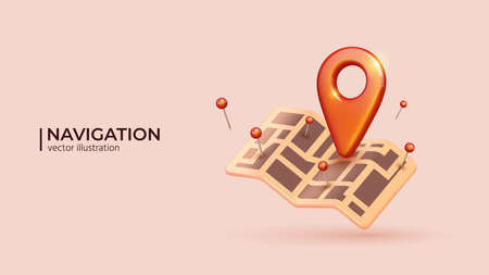 Red Locator mark on map and location pin or GPS navigation icon sign. 3D Realistic creative conceptual symbol of search concept in cute cartoon style. Vector illustrationのイラスト素材