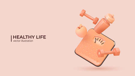 3D Healthy lyfe concept. 3d render of glossy dumbbells, scales and water bottle on pink background. Vector illustrationのイラスト素材