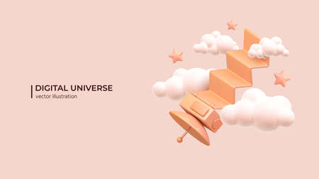 Satellite in orbit transmit a signal. Realistic 3d design of artificial satellite providing internet service. Digital Universe concept in cartoon minimal style. Vector illustrationのイラスト素材