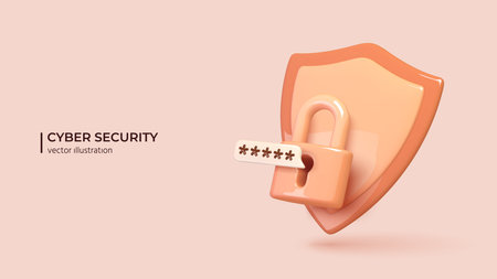 Cyber security concept. Realistic 3d padlock with password and shield. The concept of mobile phone and personal data protection. Vector illustrationのイラスト素材
