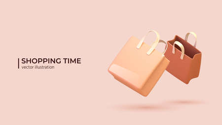 Realistic 3d Empty Shopping Bags. Online shopping and holiday promotions concept in cartoon minimal style. Vector illustrationのイラスト素材