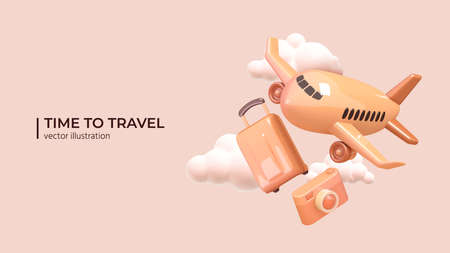 Realistic 3d design airplane, luggage and photo camera in a cloudy sky. Travel by plane creative concept in cartoon minimal style. Vector illustrationのイラスト素材