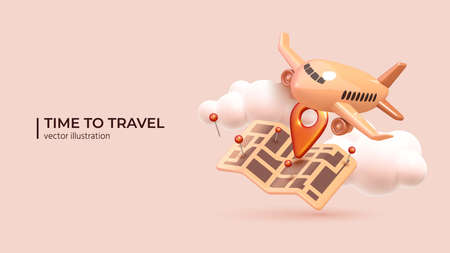 Opportunity to travel the world again. Pandemic cancellation, summer holidays, airplane flights. Visiting interesting places. Travel concept in Realistic 3d cartoon minimal style. Vector illustrationのイラスト素材