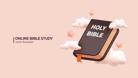 Online Bible Study concept. Realistic 3D Render of Holy Bible with clouds and stars around. Religious Lecture Online Self-education Concept in cartoon minimal style. Vector illustrationのイラスト素材